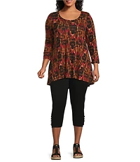 Intro Plus Size Knit Jersey Abstract Geo Print 3/4 Sleeve Pleated Neck Tee