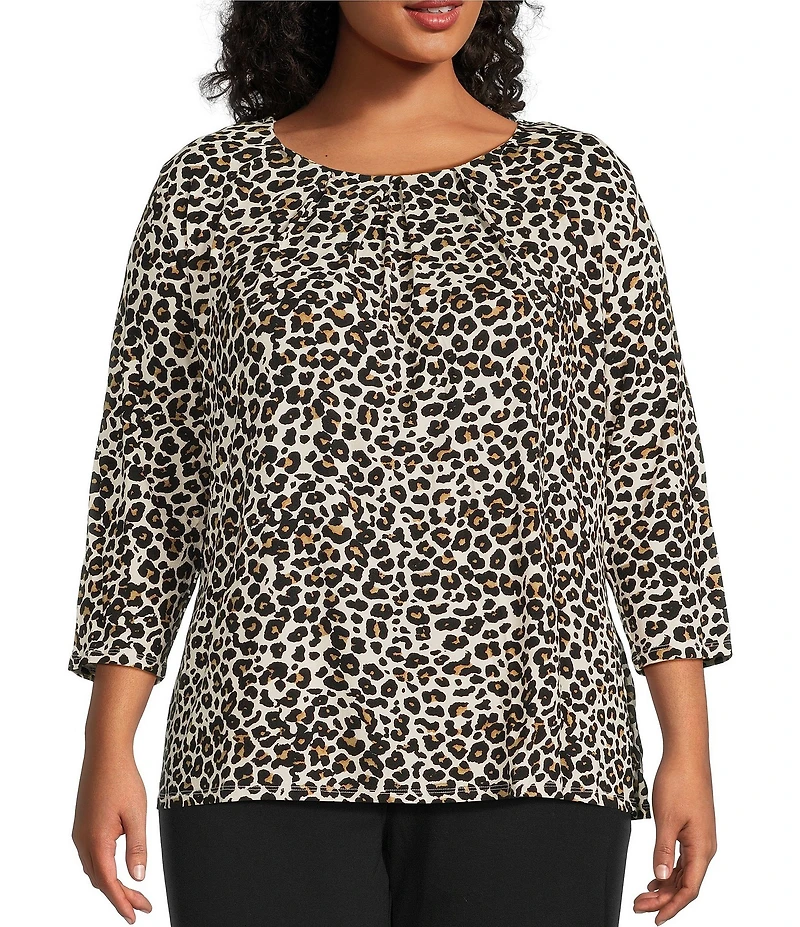 Intro Plus Size Knit Jersey Animal Print 3/4 Sleeve Pleated Neck Tee