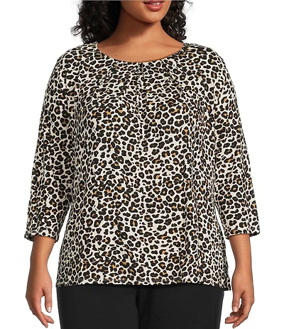 Intro Plus Size Knit Jersey Animal Print 3/4 Sleeve Pleated Neck Tee