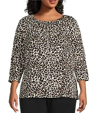 Intro Plus Size Knit Jersey Animal Print 3/4 Sleeve Pleated Neck Tee