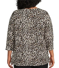 Intro Plus Size Knit Jersey Animal Print 3/4 Sleeve Pleated Neck Tee