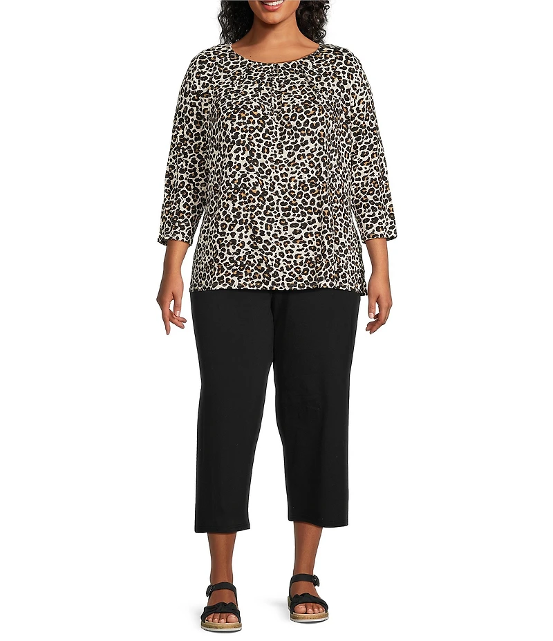 Intro Plus Size Knit Jersey Animal Print 3/4 Sleeve Pleated Neck Tee
