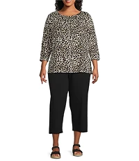 Intro Plus Size Knit Jersey Animal Print 3/4 Sleeve Pleated Neck Tee