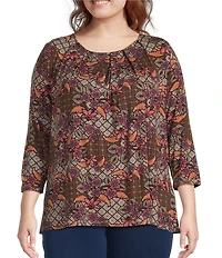 Intro Plus Size Knit Jersey Beaujolais Floral Batik Print 3/4 Sleeve Pleated Neck Tee