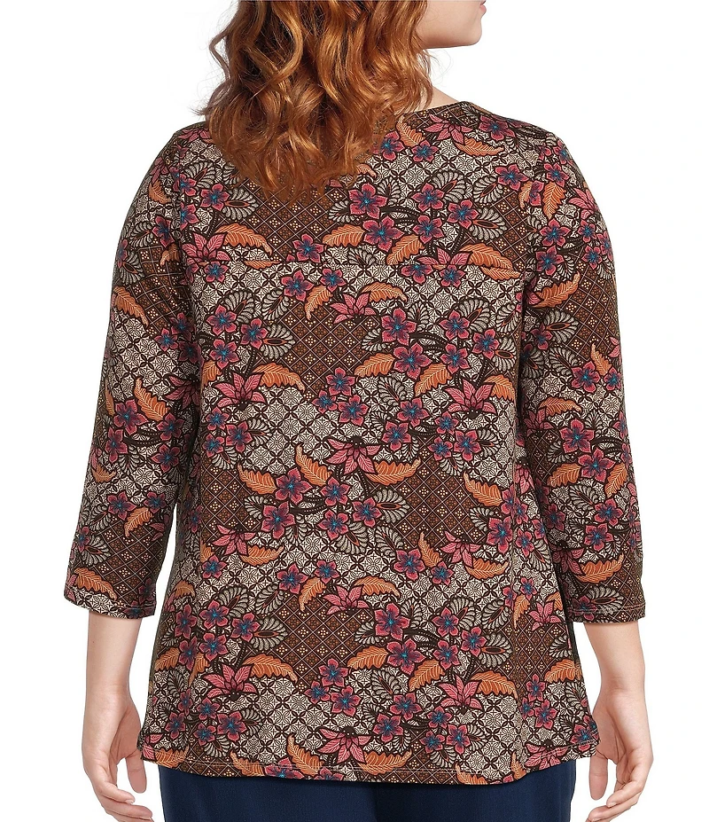 Intro Plus Size Knit Jersey Beaujolais Floral Batik Print 3/4 Sleeve Pleated Neck Tee