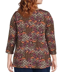 Intro Plus Size Knit Jersey Beaujolais Floral Batik Print 3/4 Sleeve Pleated Neck Tee