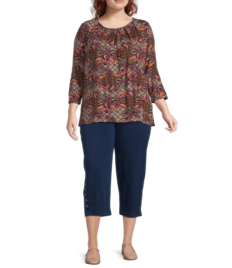 Intro Plus Size Knit Jersey Beaujolais Floral Batik Print 3/4 Sleeve Pleated Neck Tee