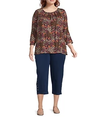 Intro Plus Size Knit Jersey Beaujolais Floral Batik Print 3/4 Sleeve Pleated Neck Tee