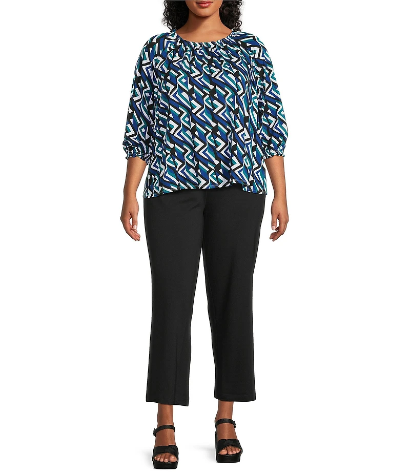 Intro Plus Size Knit Jersey Bright White Abstract Print Scoop Neck 3/4 Sleeve Blouse