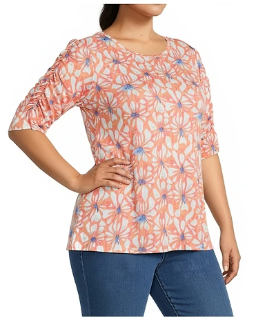 Intro Plus Size Knit Jersey Crew Neck Elbow Ruched Sleeve Top
