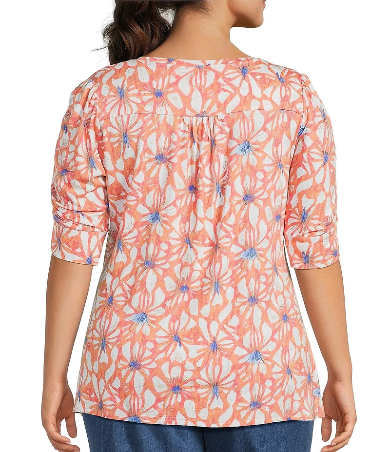 Intro Plus Size Knit Jersey Crew Neck Elbow Ruched Sleeve Top