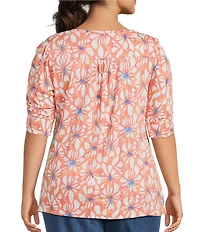 Intro Plus Size Knit Jersey Crew Neck Elbow Ruched Sleeve Top