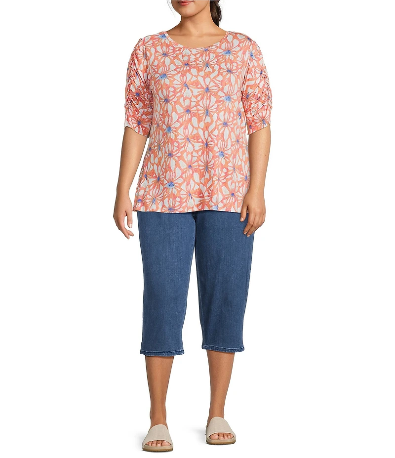 Intro Plus Size Knit Jersey Crew Neck Elbow Ruched Sleeve Top