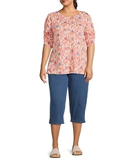 Intro Plus Size Knit Jersey Crew Neck Elbow Ruched Sleeve Top