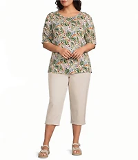 Intro Plus Size Knit Jersey Doeskin Crew Neck Elbow Ruched Sleeve Top
