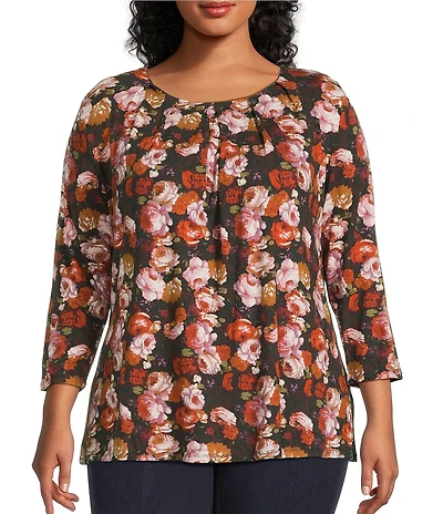 Intro Plus Size Knit Jersey Fudge Rose Print 3/4 Sleeve Pleated Neck Tee