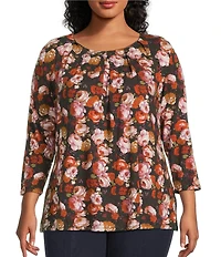 Intro Plus Size Knit Jersey Fudge Rose Print 3/4 Sleeve Pleated Neck Tee