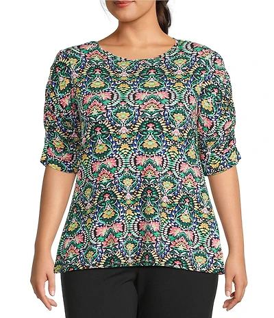 Intro Plus Size Knit Jersey Jacobean Watercolor Crew Neck Elbow Ruched Sleeve Top