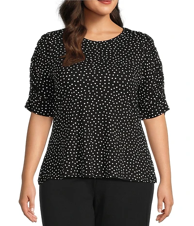 Intro Plus Size Knit Jersey Mini Polka Dot Crew Neck Elbow Puff Sleeve Top