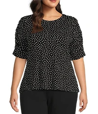 Intro Plus Size Knit Jersey Mini Polka Dot Crew Neck Elbow Puff Sleeve Top