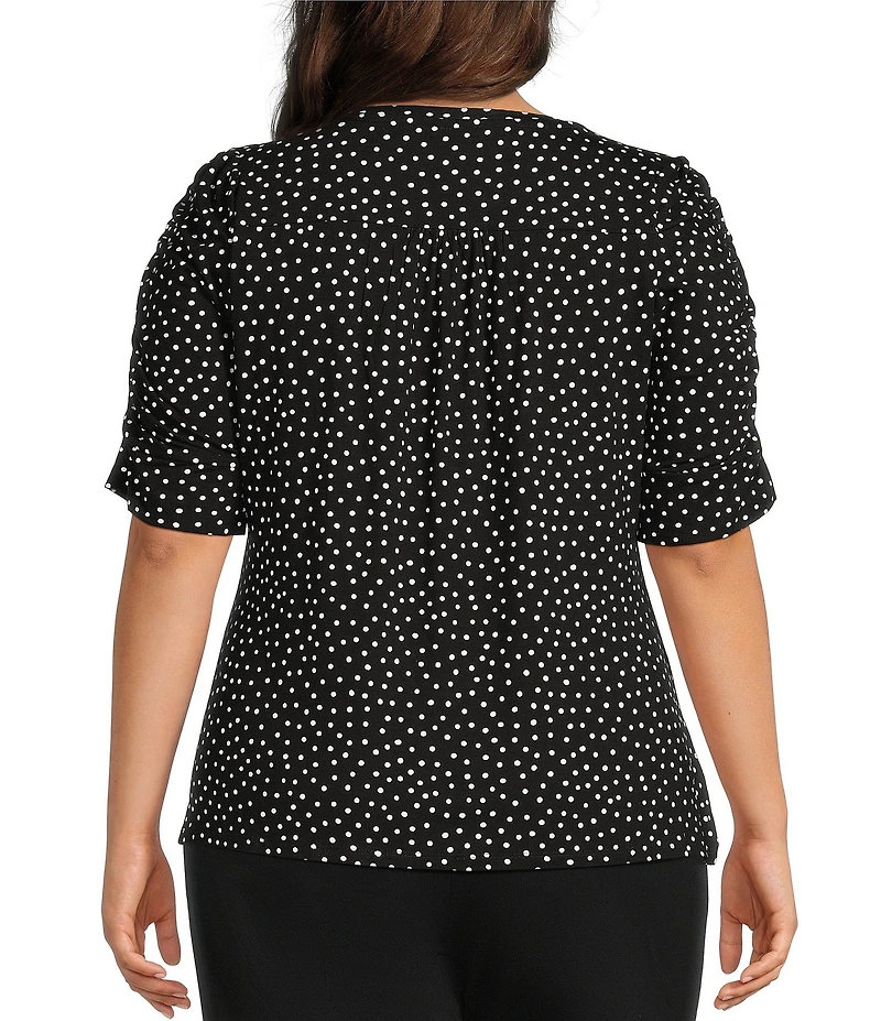 Intro Plus Size Knit Jersey Mini Polka Dot Crew Neck Elbow Puff Sleeve Top