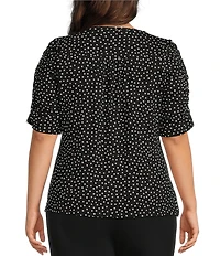 Intro Plus Size Knit Jersey Mini Polka Dot Crew Neck Elbow Puff Sleeve Top
