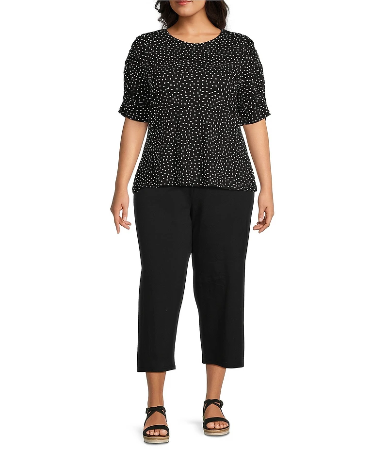 Intro Plus Size Knit Jersey Mini Polka Dot Crew Neck Elbow Puff Sleeve Top