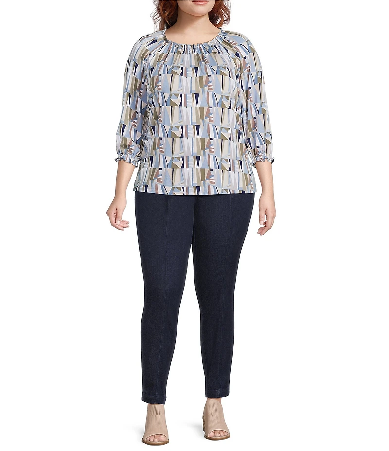 Intro Plus Size Knit Jersey Sand Abstract Print Scoop Neck 3/4 Sleeve Blouse