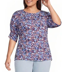 Intro Plus Size Knit Jersey Victoria Blue Crew Neck Elbow Ruched Sleeve Top
