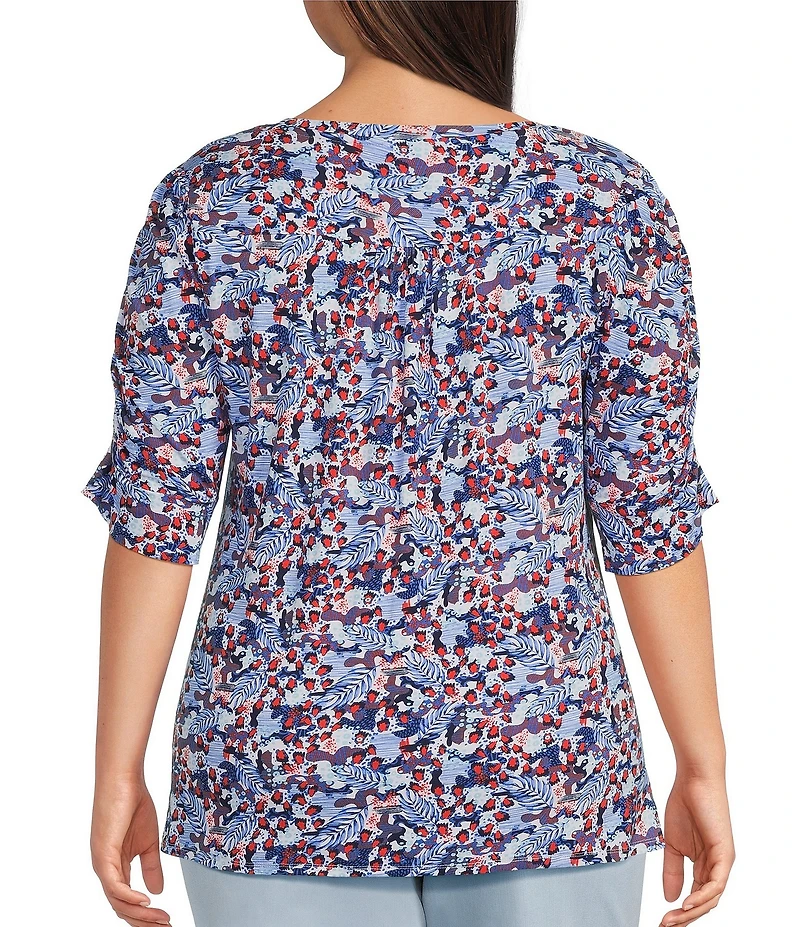 Intro Plus Size Knit Jersey Victoria Blue Crew Neck Elbow Ruched Sleeve Top