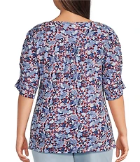 Intro Plus Size Knit Jersey Victoria Blue Crew Neck Elbow Ruched Sleeve Top