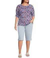 Intro Plus Size Knit Jersey Victoria Blue Crew Neck Elbow Ruched Sleeve Top