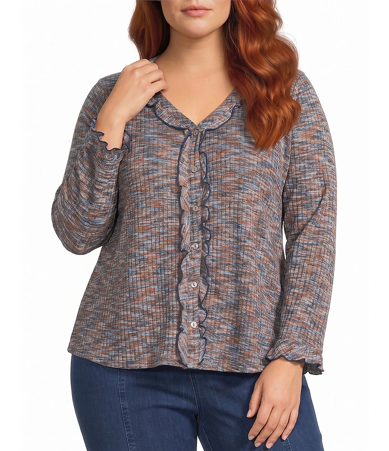 Intro Plus Size Knit Space-Dye Ruffle Detail V-Neck Bracelet Length Flounce Sleeve Button-Front Shirt