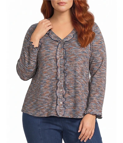 Intro Plus Size Knit Space-Dye Ruffle Detail V-Neck Bracelet Length Flounce Sleeve Button-Front Shirt