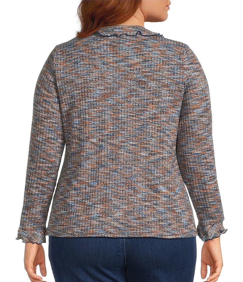 Intro Plus Size Knit Space-Dye Ruffle Detail V-Neck Bracelet Length Flounce Sleeve Button-Front Shirt