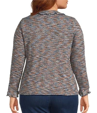 Intro Plus Size Knit Space-Dye Ruffle Detail V-Neck Bracelet Length Flounce Sleeve Button-Front Shirt