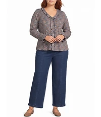 Intro Plus Size Knit Space-Dye Ruffle Detail V-Neck Bracelet Length Flounce Sleeve Button-Front Shirt