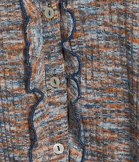 Intro Plus Size Knit Space-Dye Ruffle Detail V-Neck Bracelet Length Flounce Sleeve Button-Front Shirt