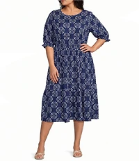 Intro Plus Size Medallion Print Knit Scoop Neck Elbow Sleeve Smocked Waist Tiered Dress