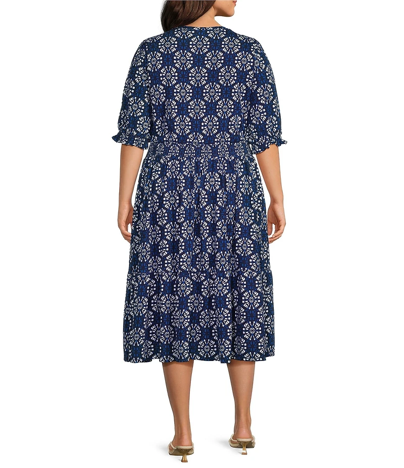 Intro Plus Size Medallion Print Knit Scoop Neck Elbow Sleeve Smocked Waist Tiered Dress