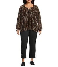 Intro Plus Size Metallic Flower Split V-Neck 3/4 Sleeve Ruffle Blouse