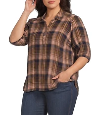 Intro Plus Size Plaid Collared Double Puff Elbow Length Sleeve Half Placket Top
