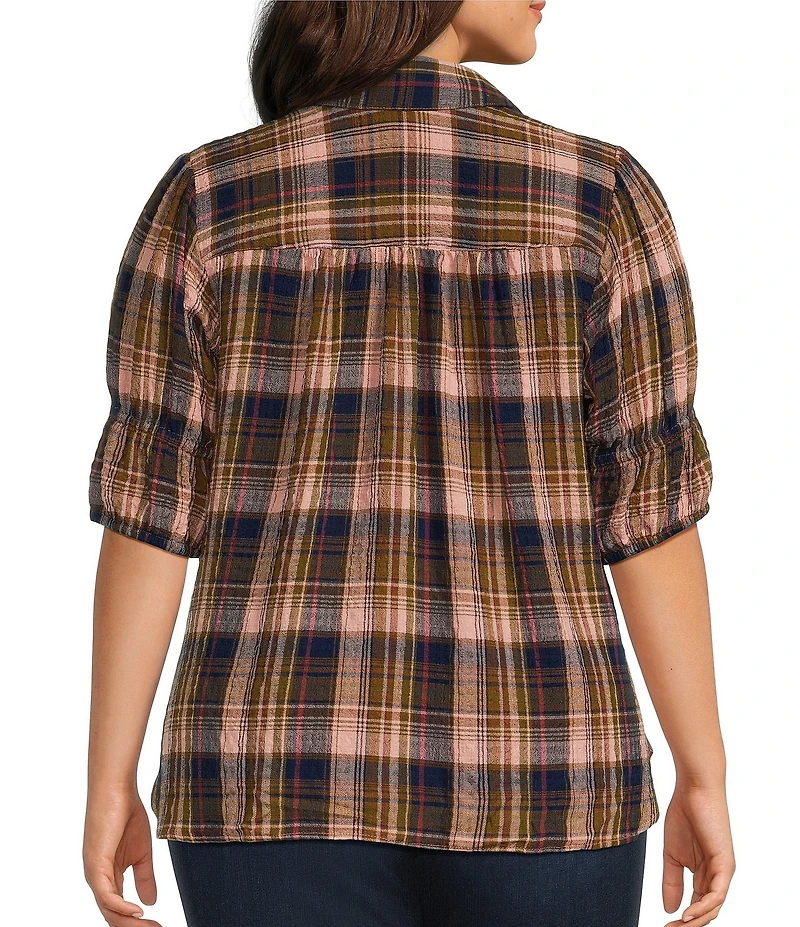 Intro Plus Size Plaid Collared Double Puff Elbow Length Sleeve Half Placket Top