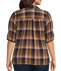 Intro Plus Size Plaid Collared Double Puff Elbow Length Sleeve Half Placket Top