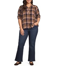 Intro Plus Size Plaid Collared Double Puff Elbow Length Sleeve Half Placket Top