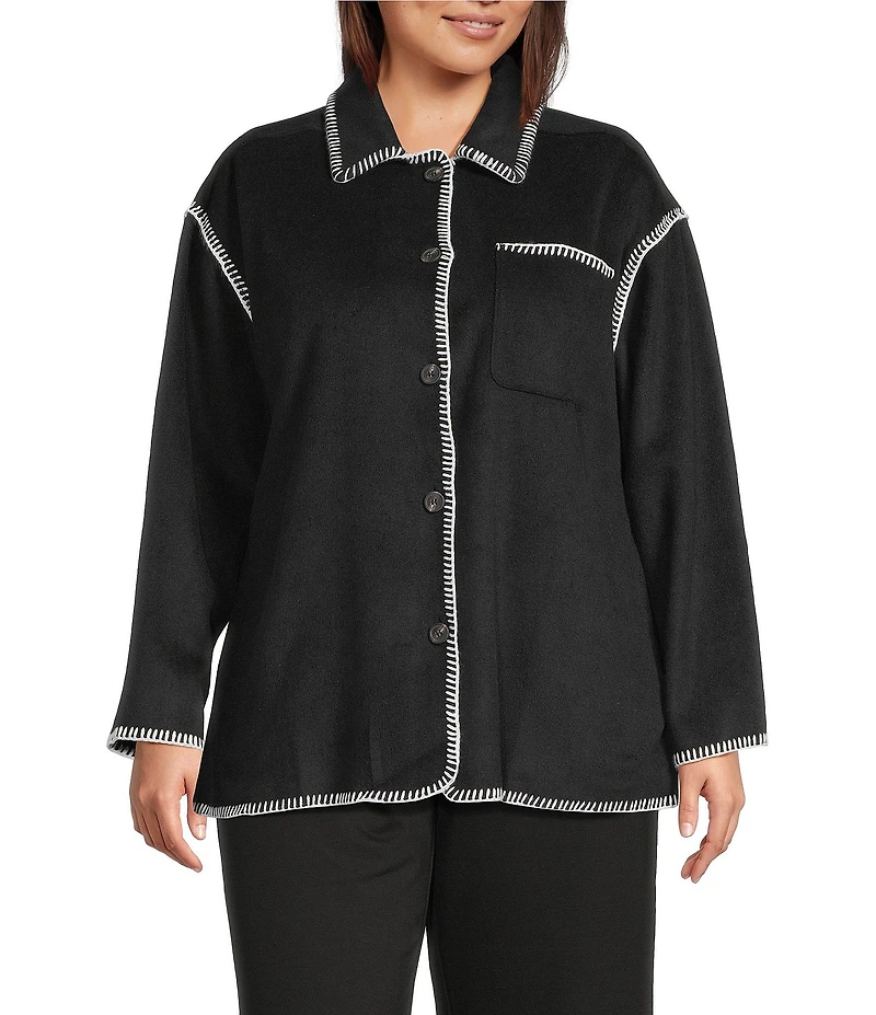 Intro Plus Size Point Collar Long Sleeve Embroidered Whipstitch Button Front Shirt Jacket