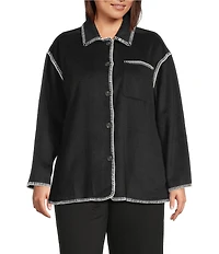 Intro Plus Size Point Collar Long Sleeve Embroidered Whipstitch Button Front Shirt Jacket