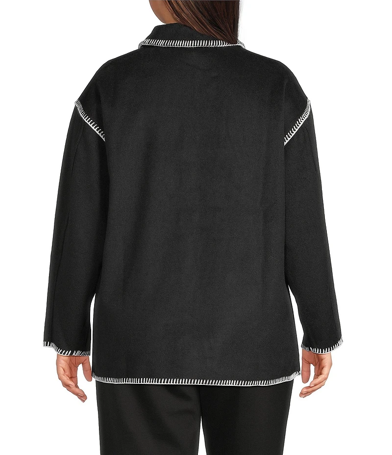 Intro Plus Size Point Collar Long Sleeve Embroidered Whipstitch Button Front Shirt Jacket