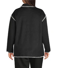 Intro Plus Size Point Collar Long Sleeve Embroidered Whipstitch Button Front Shirt Jacket