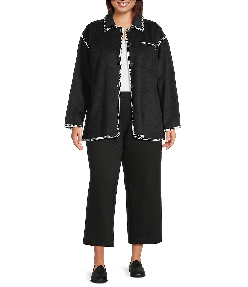 Intro Plus Size Point Collar Long Sleeve Embroidered Whipstitch Button Front Shirt Jacket